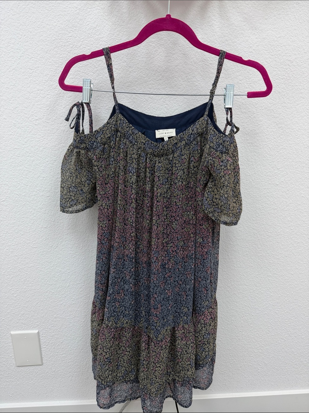 Lucky Brand Navy Multicolor Floral Cold-Shoulder Midi Dress